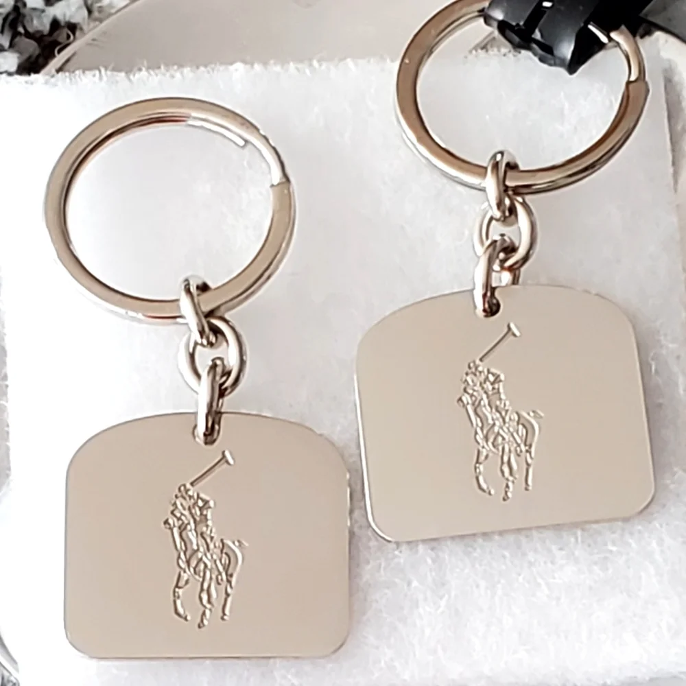 Polo Ralph Lauren Set of 2 Silver Tone Metal Engraved Logo Key Chains, NWOT